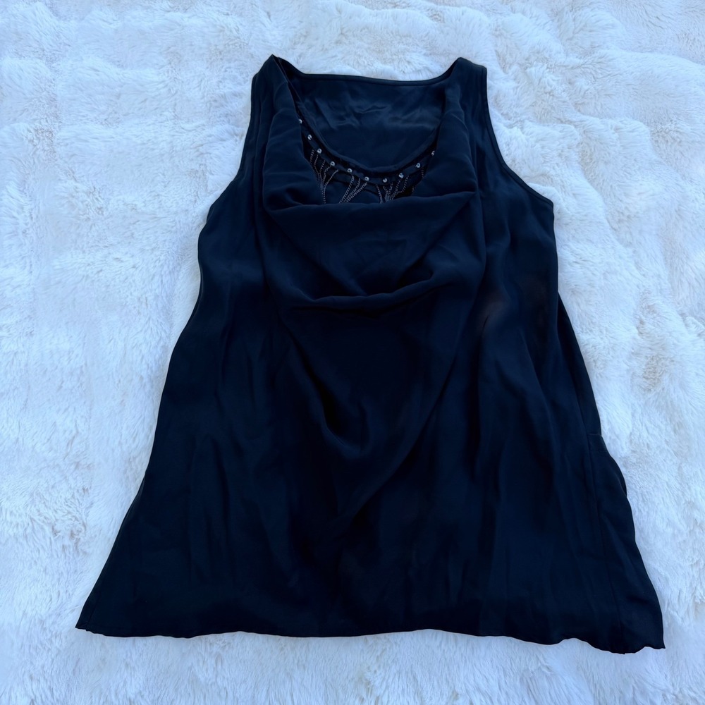 Ali Ro Womens‎ Navy Blue 100% Silk Draped Cowl Neck Beaded Chain Fringe Blouse 8